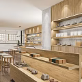 Specialty Store Interior Featuring Wooden Shelves Displaying Tea Sets Boxes Bright Lighting Tables And Stools