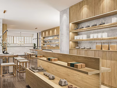 Specialty Store Interior Featuring Wooden Shelves Displaying Tea Sets Boxes Bright Lighting Tables And Stools 3d model