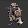 Man In Camouflage Uniform Crouching In Tactical Position Holding Rifle