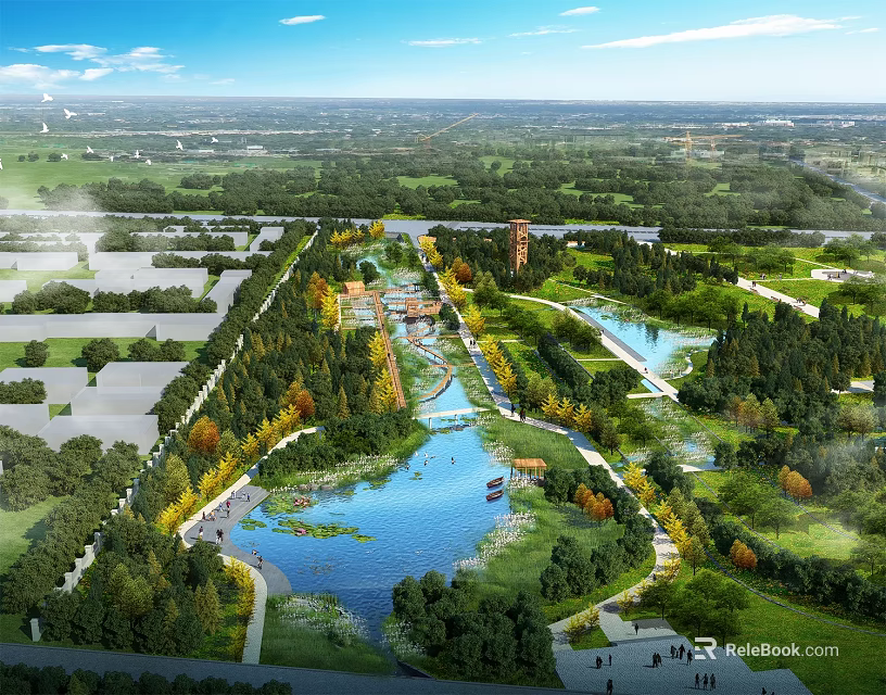 Beautiful Ecological Waterfront Garden Landscape With Lush Vegetation Winding Walkways Clear River And Leisure Facilities 3d model 