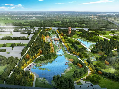 Beautiful Ecological Waterfront Garden Landscape With Lush Vegetation Winding Walkways Clear River And Leisure Facilities 3d model
