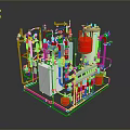 Industrial Equipment System Detailed 3D Model With Pipes Valves Red Containers White Cabinets Yellow Components