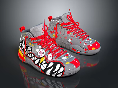 Gray High Top Sneakers With Red Laces And Colorful Cartoon Graffiti Designs 3d model