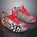 Gray High Top Sneakers With Red Laces And Colorful Cartoon Graffiti Designs