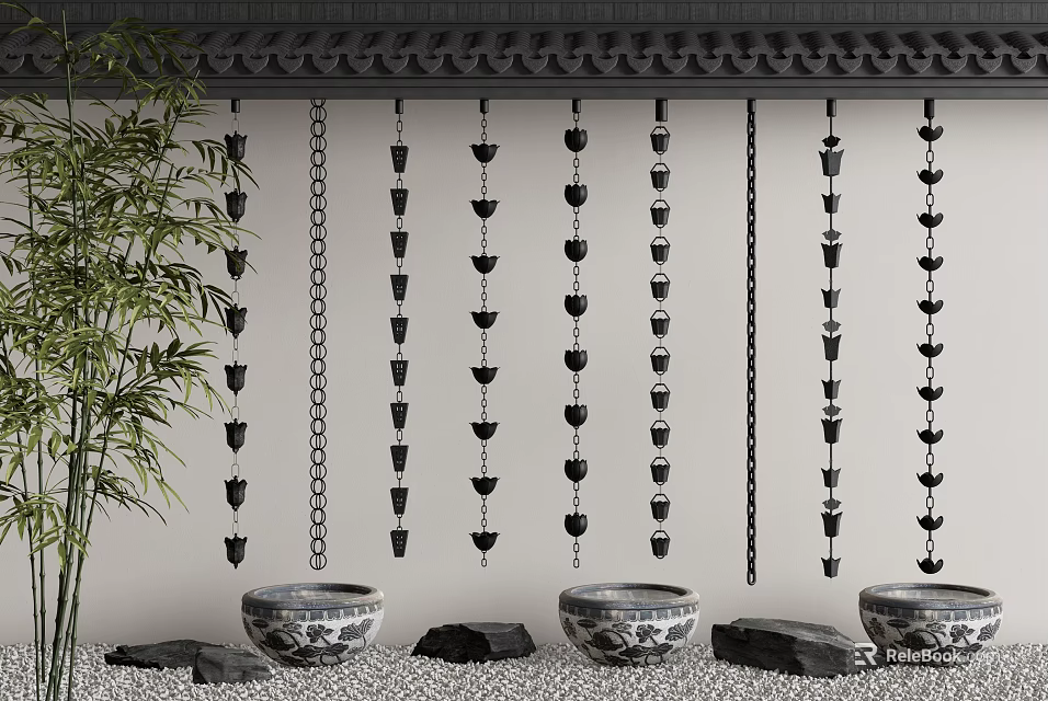 Modern Chinese Architectural Components with Hanging Chains Decorative Tiles and Courtyard Plants 3d model 