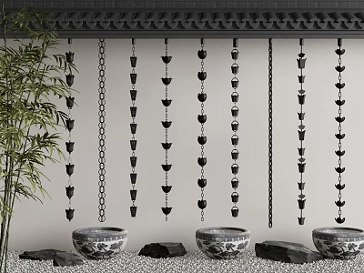 Modern Chinese Architectural Components with Hanging Chains Decorative Tiles and Courtyard Plants 3d model