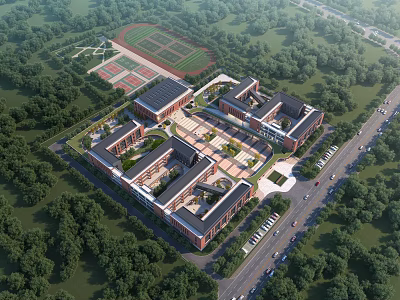 Modern School Campus Buildings With Central Courtyard Lush Greenery And Adjacent Sports Field 3d model
