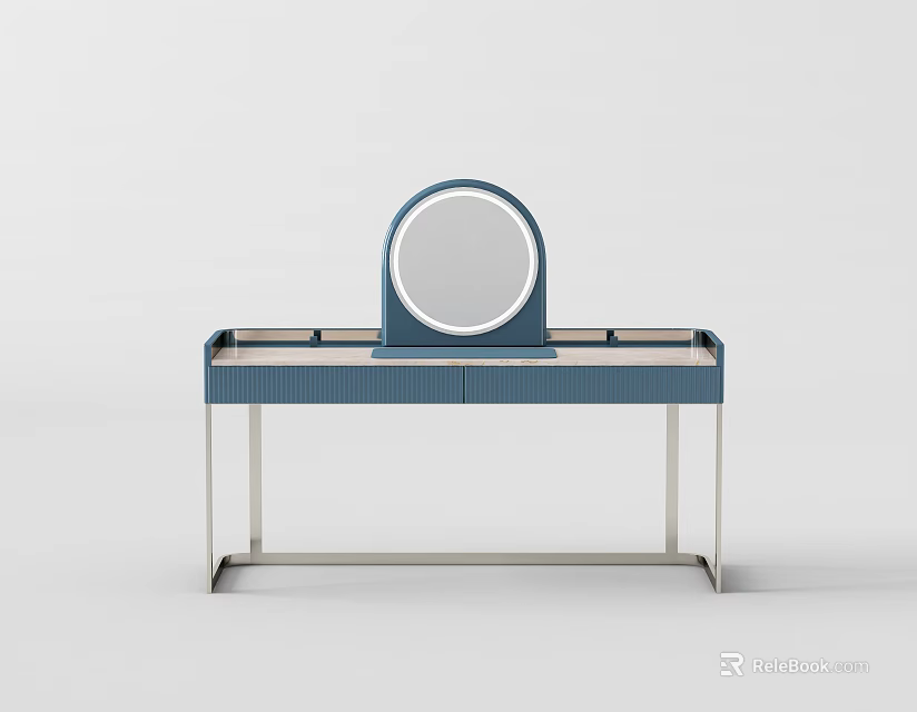Modern Blue Dressing Table With Round Mirror Drawers And Metal Legs 3d model 
