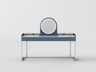 Modern Blue Dressing Table With Round Mirror Drawers And Metal Legs 3d model