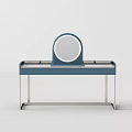 Modern Blue Dressing Table With Round Mirror Drawers And Metal Legs