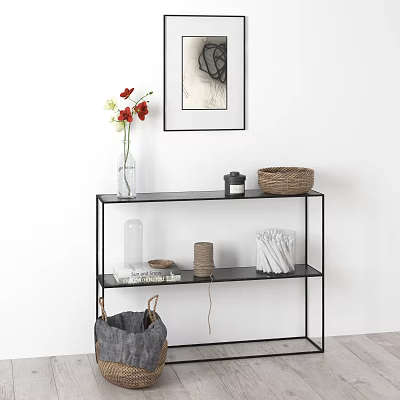 Black Metal Storage Shelf with Vase Flowers Woven Basket Glass Jar and Hanging Basket 3d model