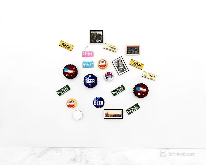 Assorted Beer Bottle Caps With Vintage Labels Arranged On White Surface 3d model 