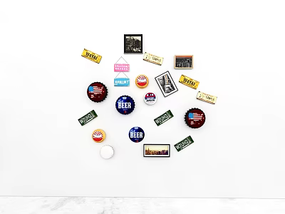 Assorted Beer Bottle Caps With Vintage Labels Arranged On White Surface 3d model