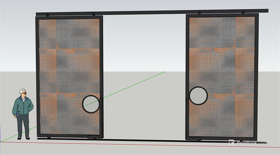 Modern Metal Double Door With Grid Panel Design And Circular Handle Details 3d model 
