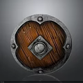 Round Medieval Shield With Metal Rim Wooden Grain Center And Riveted Decoration