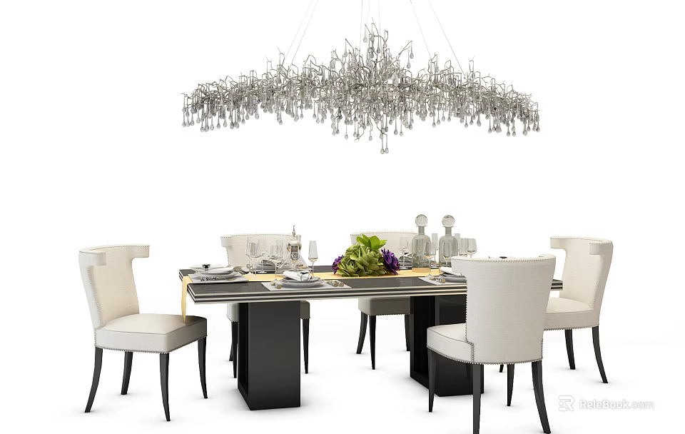 Modern Dining Table Set With Marble Top Upholstered Chairs Green Plant And Crystal Chandelier 3d model 