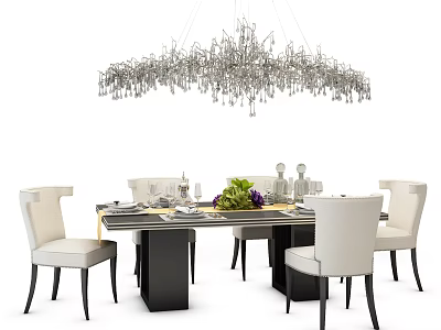 Modern Dining Table Set With Marble Top Upholstered Chairs Green Plant And Crystal Chandelier 3d model