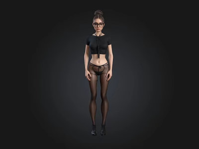 3D Render of Female Figure Wearing Black Crop Top Tights and Glasses on Dark Background 3d model