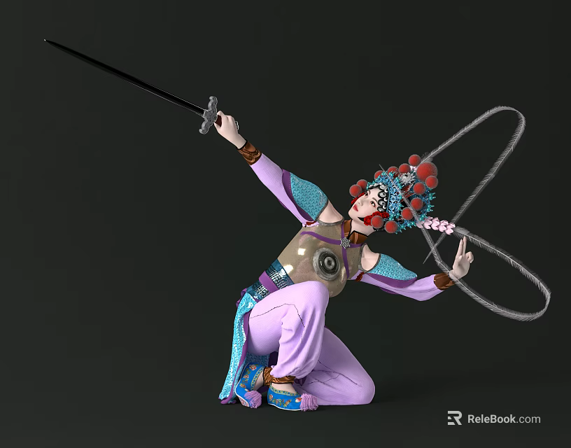 Game Character In Traditional Costume With Ornate Headdress Holding Long Staff And Ring Kneeling Pose 3d model 