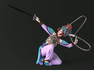 Game Character In Traditional Costume With Ornate Headdress Holding Long Staff And Ring Kneeling Pose 3d model