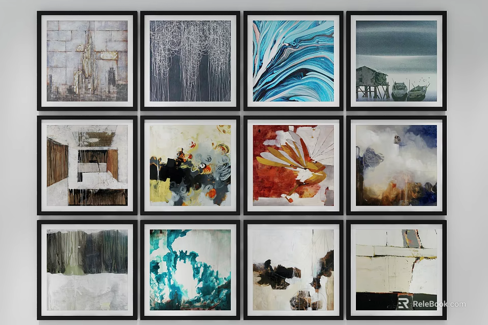 Multiple Abstract Paintings In Black Frames For Wall Art Collection 3d model