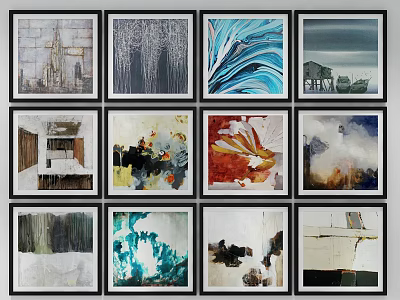 Multiple Abstract Paintings In Black Frames For Wall Art Collection 3d model