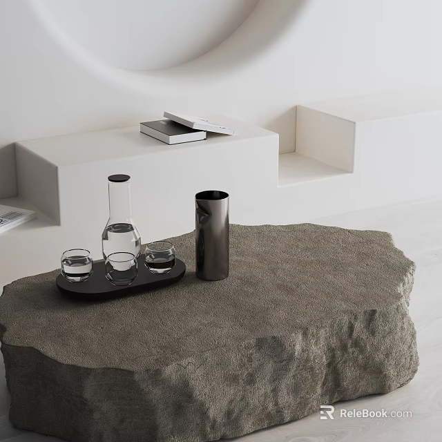 Minimalist Modern Sofa Coffee Table Set With Stone Tabletop Tray Glass Cups And Water Bottle 3d model 