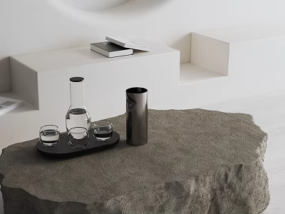 Minimalist Modern Sofa Coffee Table Set With Stone Tabletop Tray Glass Cups And Water Bottle 3d model