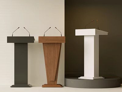 Three Different Colored Podiums with Microphones Against Light and Dark Walls White on Circular Platform 3d model