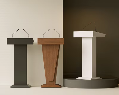 Three Different Colored Podiums with Microphones Against Light and Dark Walls White on Circular Platform 3d model