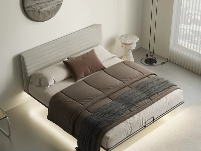 Double Bed with White Headboard Brown Pillow Gray Blanket Round Side Table and Floor Lamp 3d model
