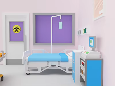 Cartoon Hospital Room Scene With Medical Bed Pink Walls Purple Curtains Biohazard Sign And Machine 3d model