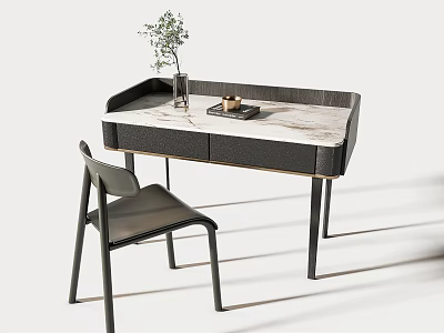 Modern Desk With Marble Top Metal Frame Black Chair And Vase With Green Plant Tray 3d model