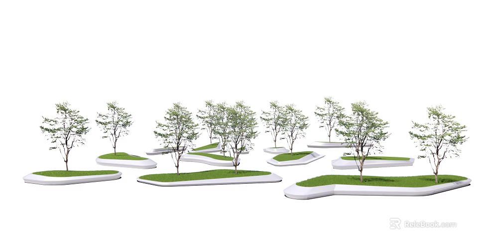 Modern Tree Pit Landscape Design With Multiple Trees And Green Grass 3d model