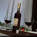 Wine Bottle and Wine Glass on Wooden Tray with Candle Rose and Night City View