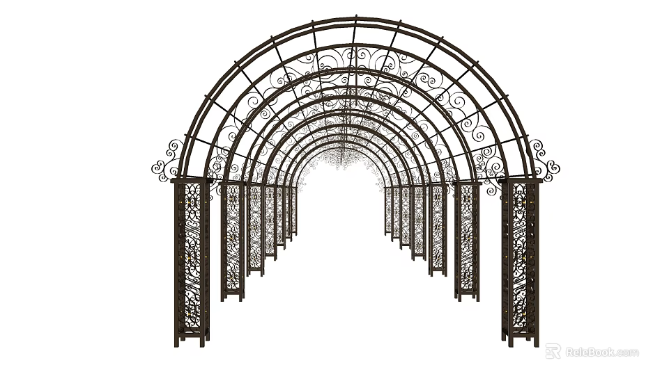 Ornate Arched Pergola with Decorative Iron Columns and Intricate Patterns in Garden Walkway Design 3d model 