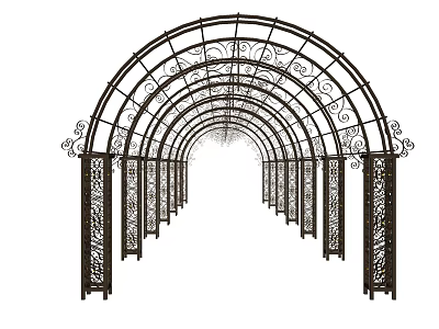 Ornate Arched Pergola with Decorative Iron Columns and Intricate Patterns in Garden Walkway Design 3d model