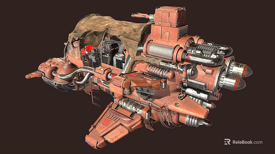 Complex Red And Brown Mechanical Structure Featuring Metal Pipes Gears And Canvas Cover 3d model 