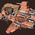 Complex Red And Brown Mechanical Structure Featuring Metal Pipes Gears And Canvas Cover