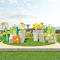 Outdoor Stage With Green White Striped Awning Orange White Flowers Wooden Crates And Grassland Background