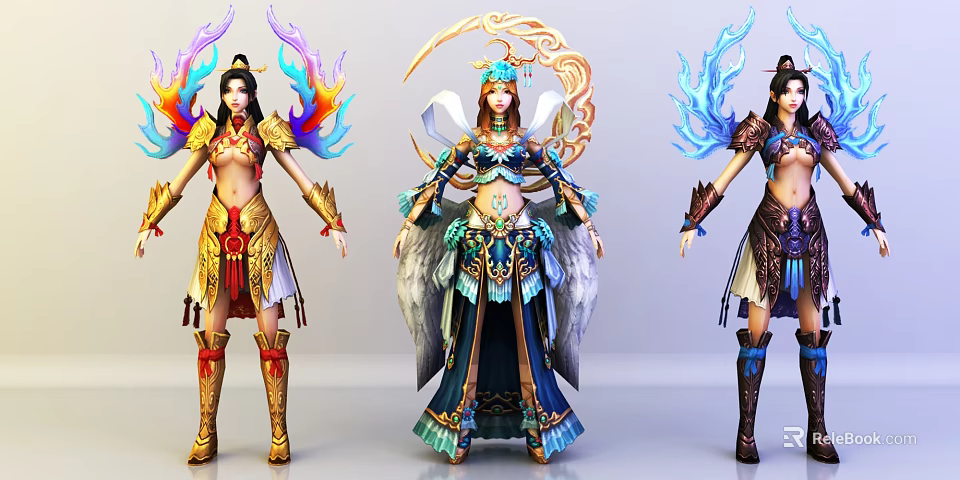 Game Movie Characters With Elaborate Costumes Colorful Wings And Decorative Armor 3d model 