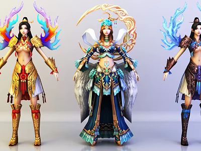 Game Movie Characters With Elaborate Costumes Colorful Wings And Decorative Armor 3d model