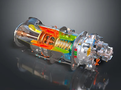 Engine Cutaway View Showing Detailed Internal Mechanical Components And Colored Sections 3d model