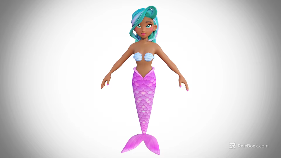 Game Movie Character Mermaid With Teal Hair Brown Skin White Shell Top And Purple Tail 3d model 