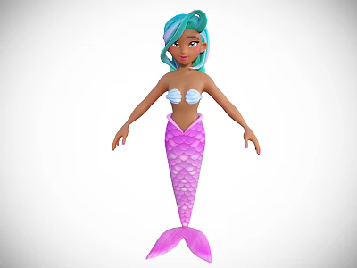 Game Movie Character Mermaid With Teal Hair Brown Skin White Shell Top And Purple Tail 3d model