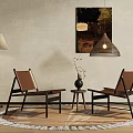 Stylish Leather Leisure Chairs with Wooden Frame Side Table Vase Floor Lamp Abstract Painting Gray Wall Woven Rug