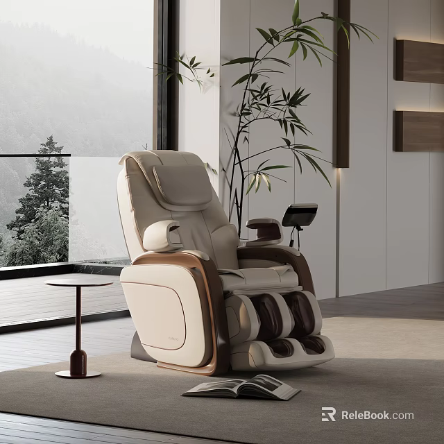 Comfortable Beige Brown Leisure Massage Chair in Modern Interior with Mountain View and Indoor Plant 3d model 