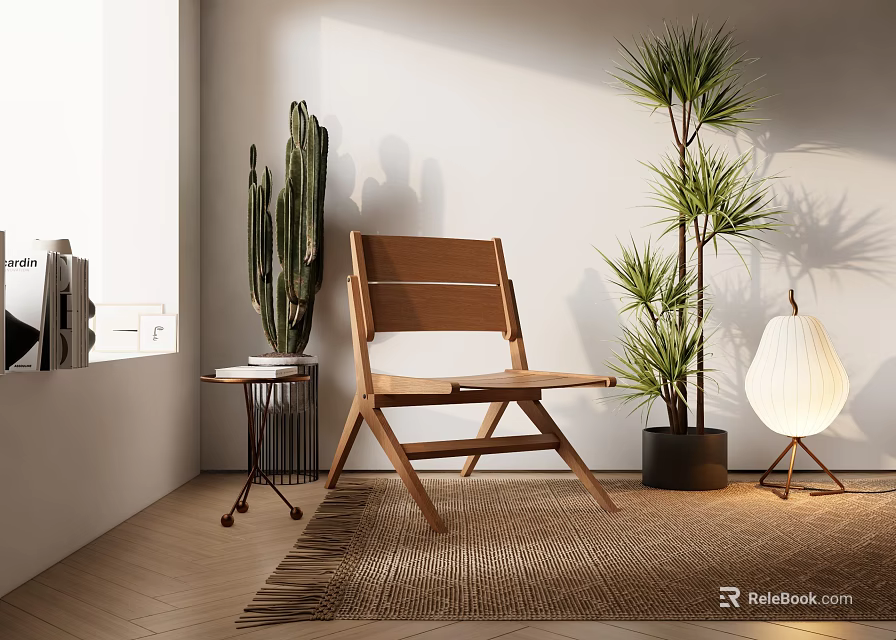 Natural Wooden Folding Lounge Chair With Green Plants Small Side Table And Woven Rug 3d model 
