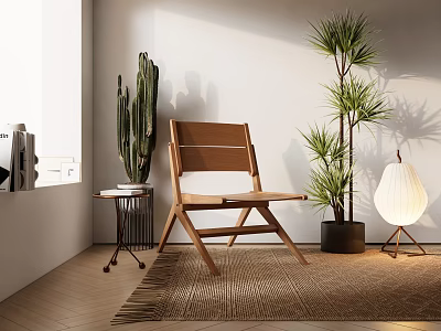 Natural Wooden Folding Lounge Chair With Green Plants Small Side Table And Woven Rug 3d model