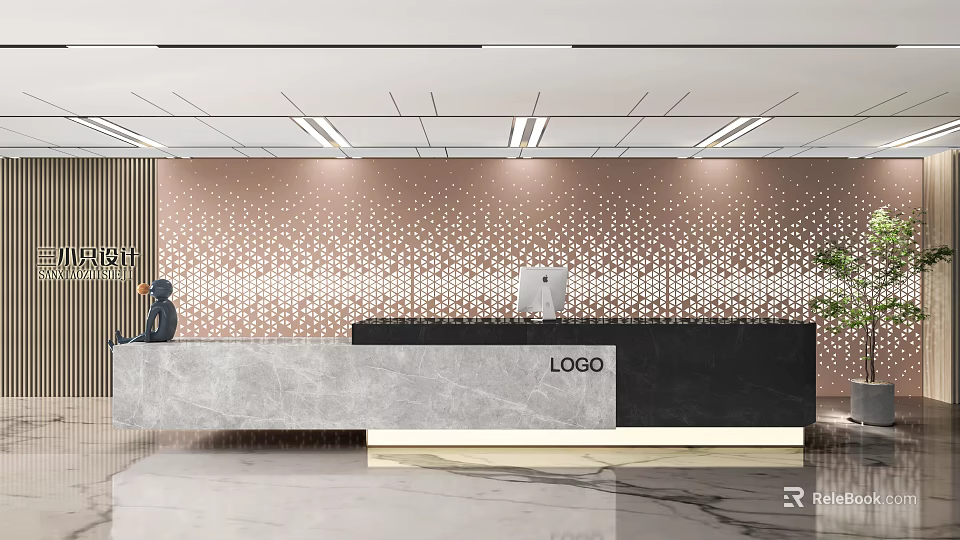 Modern Office Reception Desk With Geometric Pattern Wall And Marble Countertop 3d model